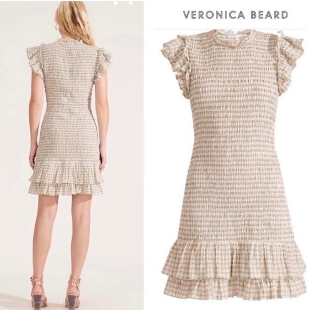 Veronica Beard Cici Smocked Seersucker Plaid Mini Mint Beige Dress NWT - Picture 5 of 16